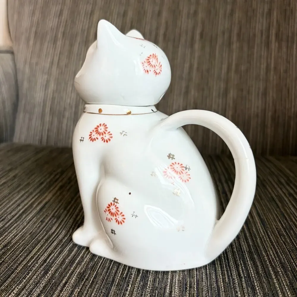 Kitty Cat Teapot White Ceramic China Floral Personal Tea Pot Vintage 6.5 Inch